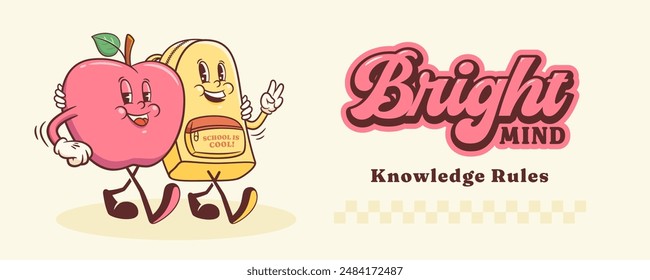 Groovy Back to School Retro Characters Banner. Cartoon Apple and Backpack. Vector Education Mascot Templates. Happy Vintage Cool Learning Personage Illustrations. Isolated