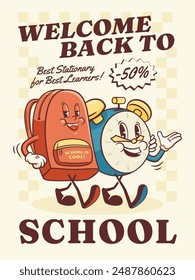 Groovy Back to School Retro Characters Poster. Cartoon Backpack and Alarm Clock Walking and Smiling. Vector Education Mascot Templates. Happy Vintage Cool Learning Personage Illustrations. Isolated