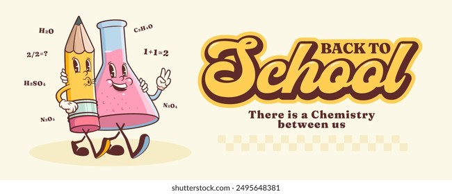 Groovy Back to School Retro Zeichen Banner. Cartoon Chemistry Flask und Bleistift Walking and Smiling. Maskottchen-Vorlagen für Vektorerziehung. Happy Vintage Cool Lernen Personage Illustrationen. Einzeln