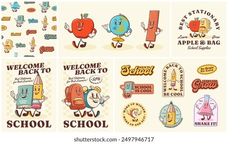 Groovy Regreso a la Escuela Conjunto de personajes retro, patrón, pegatinas y carteles. Lápiz de dibujos animados, reloj, libro. Plantillas de la mascota de la Educación del Vector. Feliz Antiguas Ilustraciones de Personaje de Aprendizaje Cool. Aislado