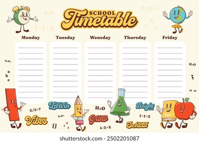 Groovy Back to School Retro Characters Timetable. Cartoon Stationary Weekly Planner Background. Vector Education Mascot Schedule Template. Happy Vintage Cool Learning Personage Illustrations. Isolated