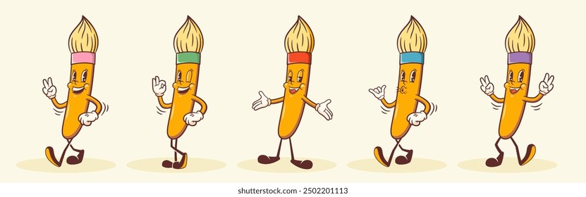 Groovy Back to School Retro Characters Set. Cartoon Paint Brush Walking and Smiling. Vector Education Mascot Templates Collection. Happy Vintage Cool Learning Personage Illustrations. Isolated