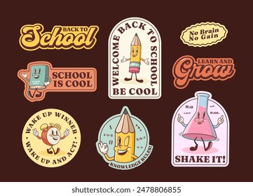 Groovy Zurück zur Schule Retro Aufkleber Set Cartoon Bleistift, Uhr, Buch und Chemie Flasche Etiketten Vektorgrafik Bildung Maskottchen Aufkleber Vorlagen. Happy Klassisch Cool Learning Persönliche Illustrationen. isoliert