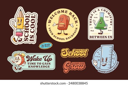 Groovy Back to School Retro Stickers Set Cartoon Pencil, Clock, Backpack Chemistry Flask Labels Vector Education Mascot Sticker Templates. Happy Vintage Cool Learning Personage Illustrations. Isolated