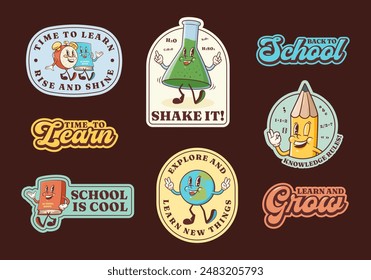 Groovy Back to School Retro Stickers Set Cartoon Pencil, Clock, Earth and Chemistry Flask Labels Vector Education Mascot Sticker Templates. Happy Vintage Cool Learning Personage Illustrations Isolated