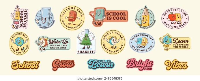 Groovy Back to School Retro Stickers Set Cartoon Alarm Clock, Pencil, Globe, Book, Apple Labels Vector Education Mascot Sticker Templates. Happy Vintage Cool Learning Personage Illustrations. Isolated