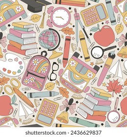 Groovy back to school supplies for students backpack globe calculator textbook etc vector seamless pattern. Hand drawn 1st september education background.