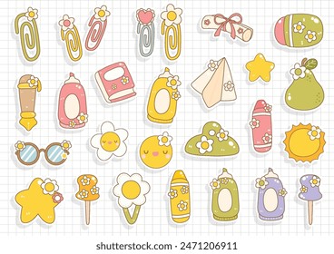 Groovy Back to School,Cute Stationary Sticker. Vector illustration