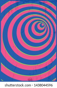 Groovy Background 1960s Psychedelic Art Style, Vintage Colors, Concentric Circles and Grunge Texture Pattern