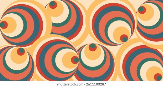 Groovy background. Abstract pattern with concentric retro circles in warm vintage colors. Perfect for textiles, wallpapers, branding, packaging, and trendy creative projects with 70s inspired vibes.