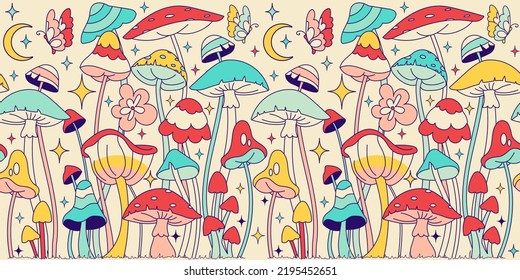 Groovy background with Floral graphic and mushrooms . Seamless pattern, retro 60s, 70s hippie style fun wallpaper. Vintage meadow, wonderland. Tricky textile, fabric, wrapping, wallpaper, background.