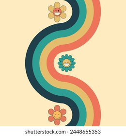 Fondo estupendo con el arco iris y las flores de margarita. 70 s estilo retro hippie. Ilustración vectorial
