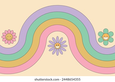 Groovy background with rainbow and smiling daisy flowers. 60s 70 s Hippie retro style. Vector illustration