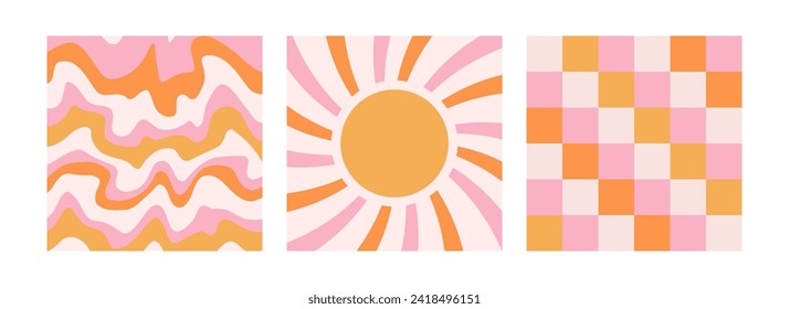 Groovy background retro 70s style. Cute abstract vintage texture wallpaper. Hippie wavy vector backgrounds. Colorful fun stripes, checkered and sun banner design. Psychedelic retro graphic print