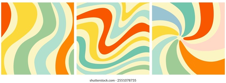 Groovy Background Retro 70s Style. Cute Abstract Vintage Texture Wallpaper. Hippie Wavy Vector Background. Colorful Fun Stripes in Retro 1970s Trendy Banner Design. Psychedelic Graphic Print 1960s.