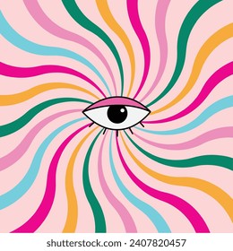 Groovy Background Retro Style. Cute Abstract Vintage Texture Wallpaper. Hippie Wavy Vector Background with an eye in the center.Colorful Fun Stripes.Trendy Banner Design. Psychedelic Graphic Print.
