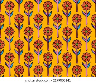 groovy background. Seamless bright repeat pattern of simple blooming flowers in 1970s psychedelic hippie style. graphic decor ornament in retro design. vector illustration.