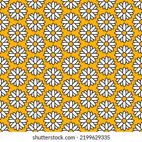 groovy background. Seamless bright repeat pattern of simple blooming flowers in 1970s psychedelic hippie style. graphic decor ornament in retro design. vector illustration.