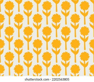 groovy background. Seamless bright repeat pattern of simple blooming flowers in 1970s psychedelic hippie style. graphic decor ornament in retro design. vector illustration.