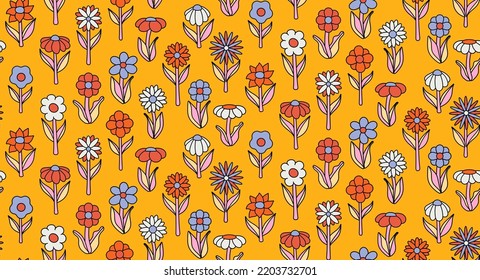 groovy background. Seamless bright repeat pattern of simple blooming flowers in 1970s psychedelic hippie style. graphic decor ornament in retro design. vector illustration.