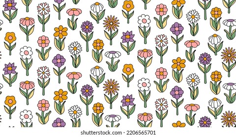 groovy background. Seamless bright repeat pattern of simple blooming flowers in 1970s psychedelic hippie style. graphic decor ornament in retro design. vector illustration.