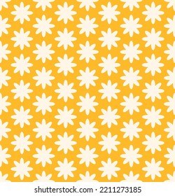 groovy background. Seamless bright repeat pattern of simple blooming flowers in 1970s psychedelic hippie style. graphic decor ornament in retro design. vector illustration.