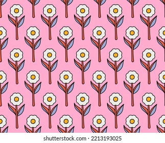 groovy background. Seamless bright repeat pattern of simple blooming flowers in 1970s psychedelic hippie style. graphic decor ornament in retro design. vector illustration.