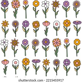 groovy background. Seamless bright repeat pattern of simple blooming flowers in 1970s psychedelic hippie style. graphic decor ornament in retro design. vector illustration.