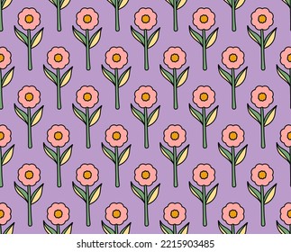 grauer Hintergrund. Nahtlose, helle Wiederholung Muster von einfachen blühenden Blumen im psychedelischen Hippie-Stil der 1970er Jahre. Grafikdekoration im Retro-Design. Vektorgrafik.