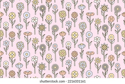 groovy background. Seamless bright repeat pattern of simple blooming flowers in 1970s psychedelic hippie style. graphic decor ornament in retro design. vector illustration.