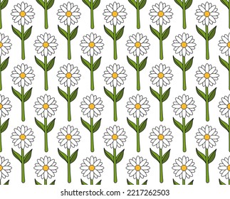 groovy background. Seamless bright repeat pattern of simple blooming flowers in 1970s psychedelic hippie style. graphic decor ornament in retro design. vector illustration.