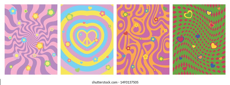 Groovy Background Set From The 1960s Vintage Colors And Shapes