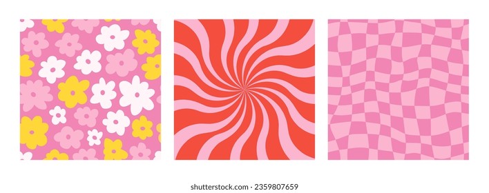 Groovy background set. 1970 daisy flowers, trippy grid geometric backgrounds. Set in red colors. Psychedelic abstract vector Illustration. Seventies style flat design, hippie retro aesthetic. 