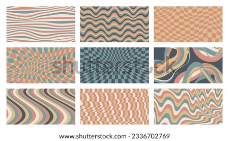 Groovy background set. 70s psychedelic abstract wallpaper with hippie flowery patterns, retro 70s decorative backdrop for banner design. Vector collection. Dynamic flowing colorful curves