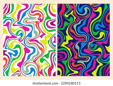 Groovy background set with acid waves in the style of the 60s,70s.The concept of vintage hippie style retro.Psychedelic hand drawn pattern for print, background, banner. Flat style Vector illustration