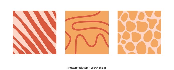 Groovy background set. Lines, waves, trippy grid, swirl print 1970s Hippie aesthetic. Twisted background. Retro psychedelic style