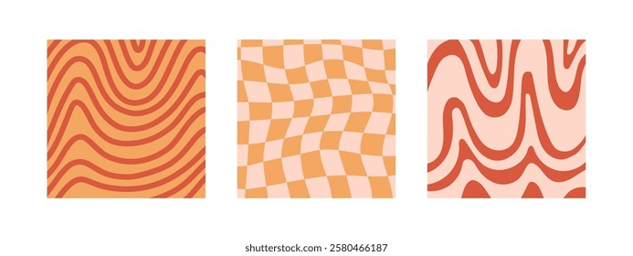 Groovy background set. Lines, waves, trippy grid, swirl print 1970s Hippie aesthetic. Twisted background. Retro psychedelic style