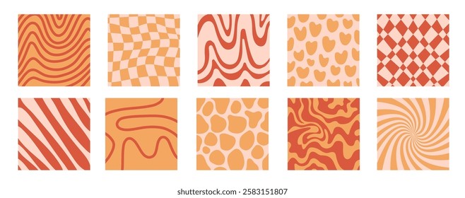 Groovy background set. Lines, waves, trippy grid, swirl print 1970s Hippie aesthetic. Twisted background. Retro psychedelic style