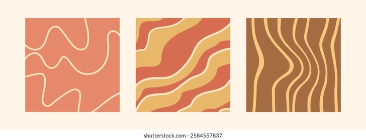 Groovy background set.Hand drawn Retro lines, waves, 1970s Hippie aesthetic. 