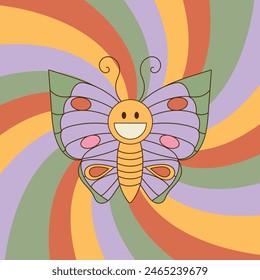 Groovy background with smiling butterfly and swirl sunburst rays. 70 s Hippie retro style. Vector illustration