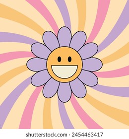 Groovy background with smiling daisy flower and swirl sunburst rays. 70 s Hippie retro style. Vector illustration