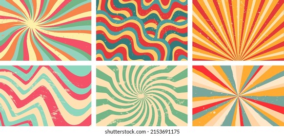 Groovy background. Starburst rays, colorful funky waves and vintage 60s hippie psychedelic wallpaper backdrop vector set. Multicolored spectrum, spiral stripes, abstract design collection