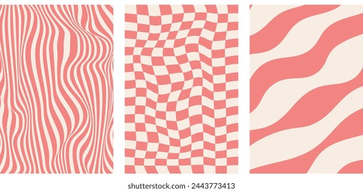 Groovy background. Starburst rays, colorful funky waves and vintage 60s hippie psychedelic wallpaper backdrop vector set