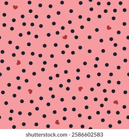 Groovy background with tiny hearts. Valentine day cheerful seamless pattern. Vector polka dot wallpaper with romantic vibes. Cute print for fabric, paper, kids clothes and accessories