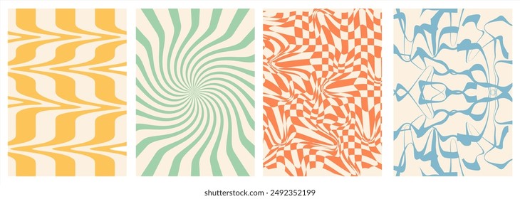 groovy background vintage retro aesthetic wave, swirl, twirl pattern
Set of backgrounds in trendy retro psychedelic style.Twisted and distorted
Vector illustration