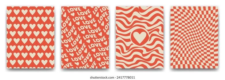 Groovy background in vintage retro style 60s,70s. Valentine's Day greeting card template. Psychedelic love poster. Y2k aesthetic.