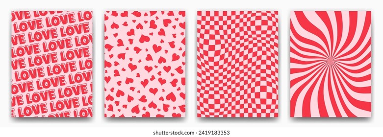 Groovy background in vintage retro style 60s,70s. Valentine's Day greeting card template. Psychedelic love poster. Y2k aesthetic.