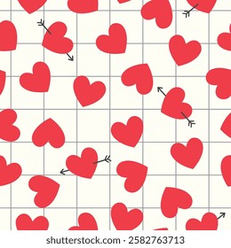 Groovy background with windowpane check and tiny hearts. Valentine day cheerful seamless pattern. Vector wallpaper with romantic vibes. Cute print for fabric, paper, kids clothes and accessories