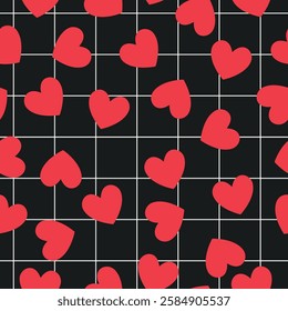 Groovy background with windowpane check and tiny hearts. Valentine day cheerful seamless pattern. Vector wallpaper with romantic vibes. Cute print for fabric, paper, kids clothes and accessories