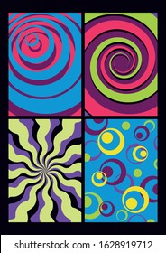 Groovy Backgrounds from the 1960s, Psychedelic Color Patterns, Circles, Swirls, Spirals, Wavy Rays